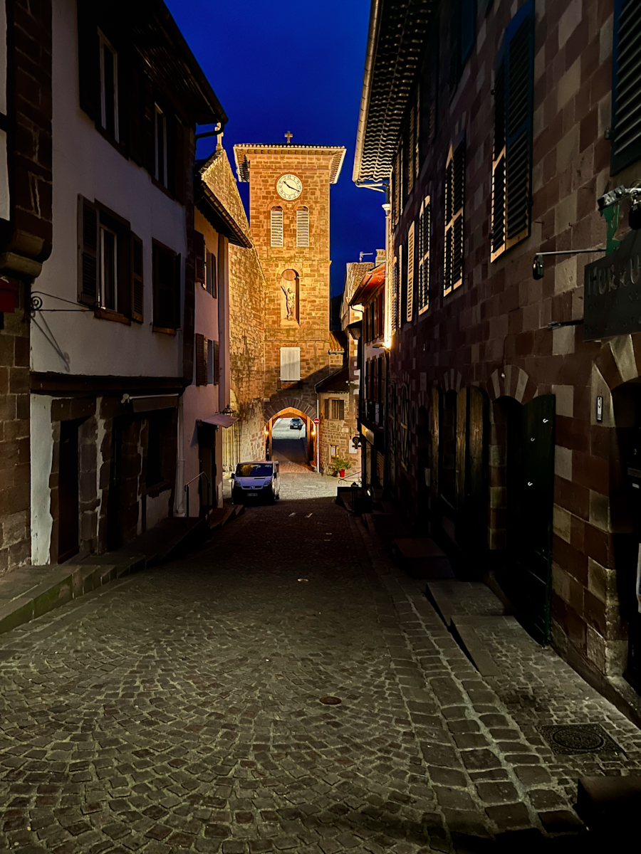 A cobblestone alley in St-Jean-Pied-de-Port at blue hour
