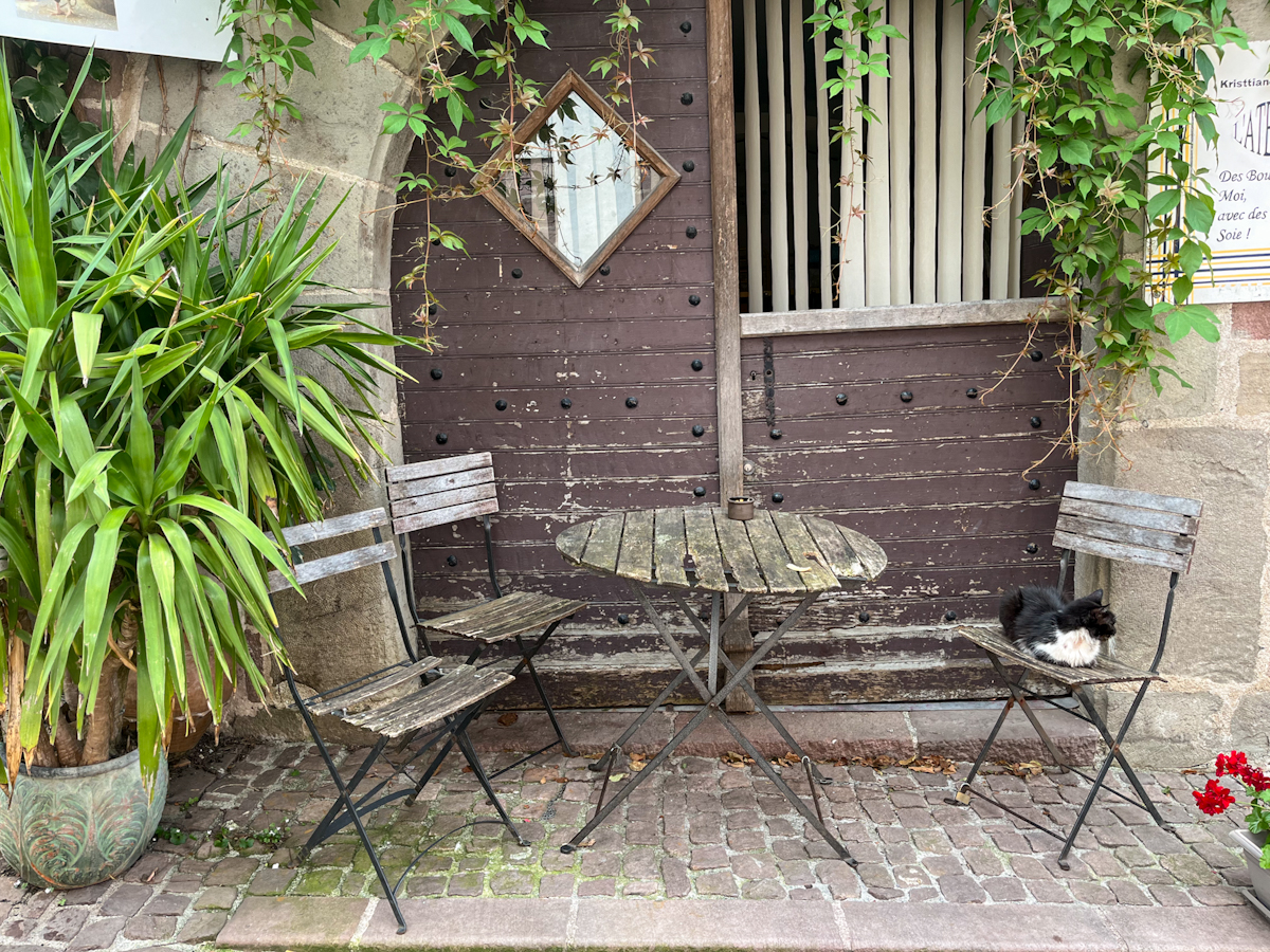 An old bistro table and chairs against a weathered door, a cat dozing on one seat