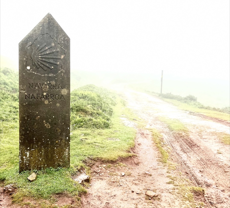 A stone waymarker engraved Navarra Nafarroa in the fog
